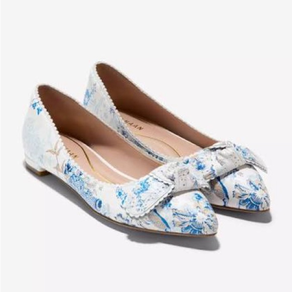 Cole Haan White and Blue Floral Pointed-Toe Flats
